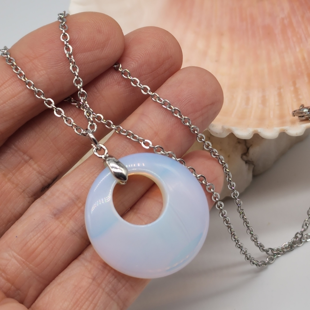 Boho Pendant Moonstone Stone O-RING Disc Silver Hypoallergenic Jewelry